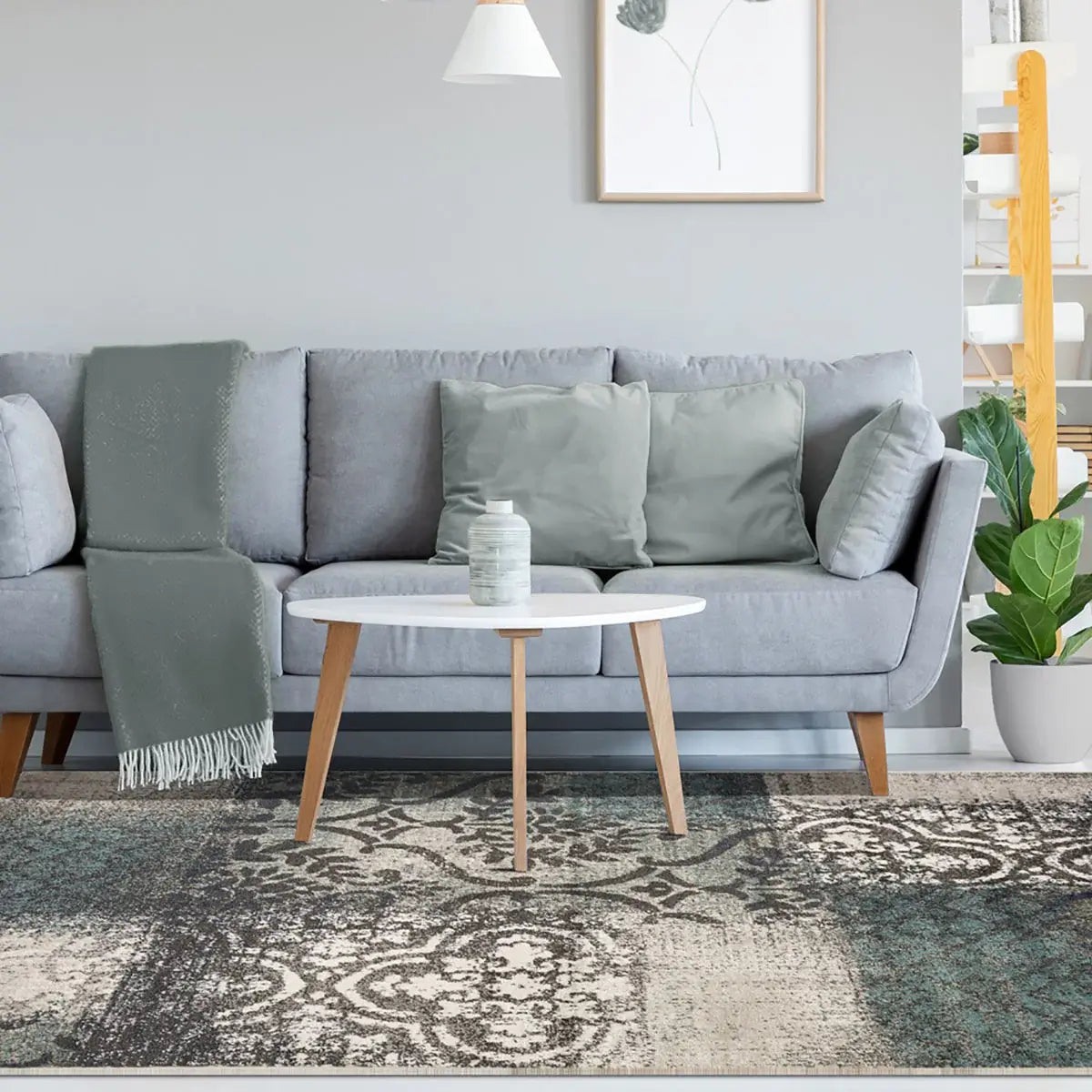 7' X 9' Teal And Gray Damask Distressed Stain Resistant Area Rug - Homeroots - Flyclothing LLC