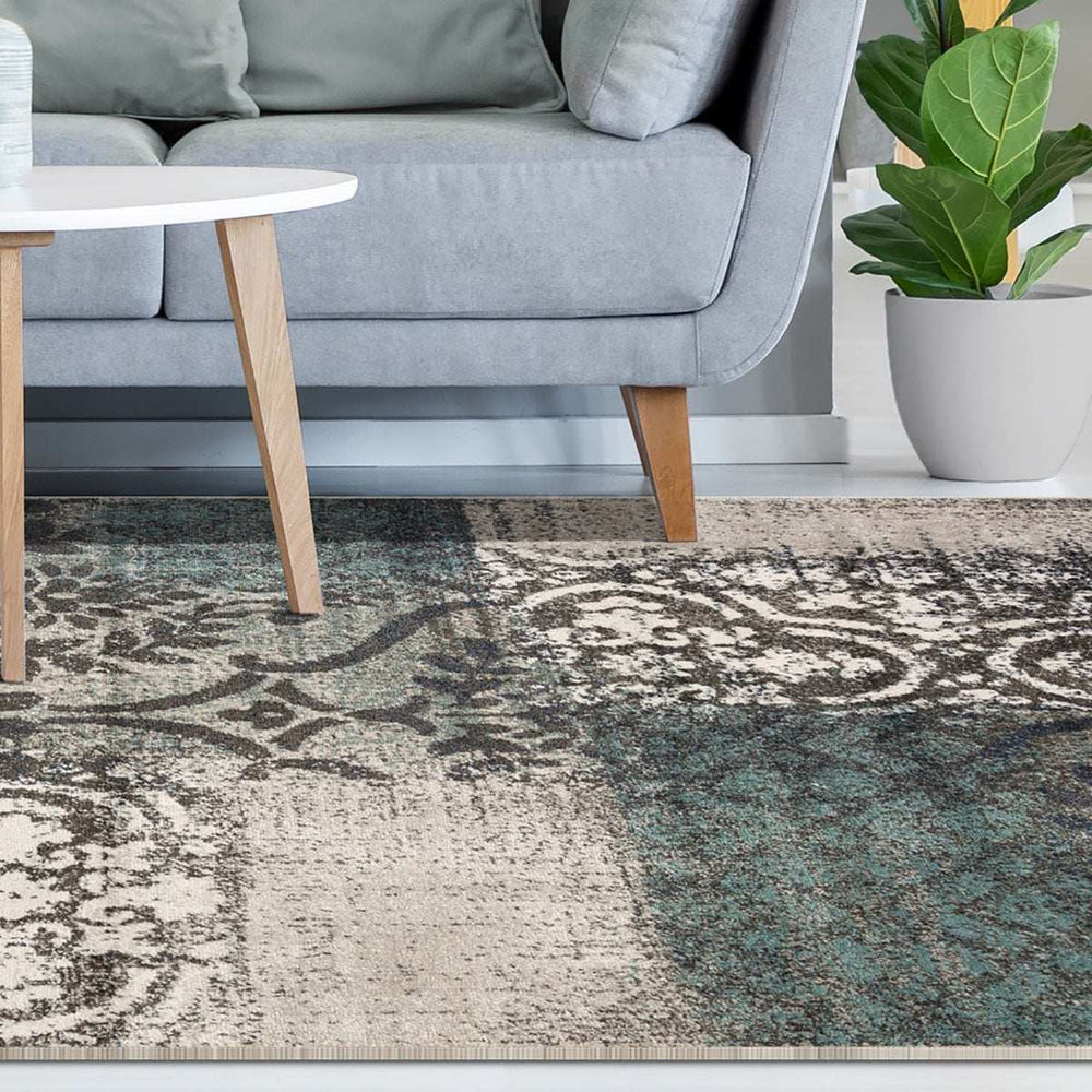 7' X 9' Teal And Gray Damask Distressed Stain Resistant Area Rug - Homeroots - Flyclothing LLC