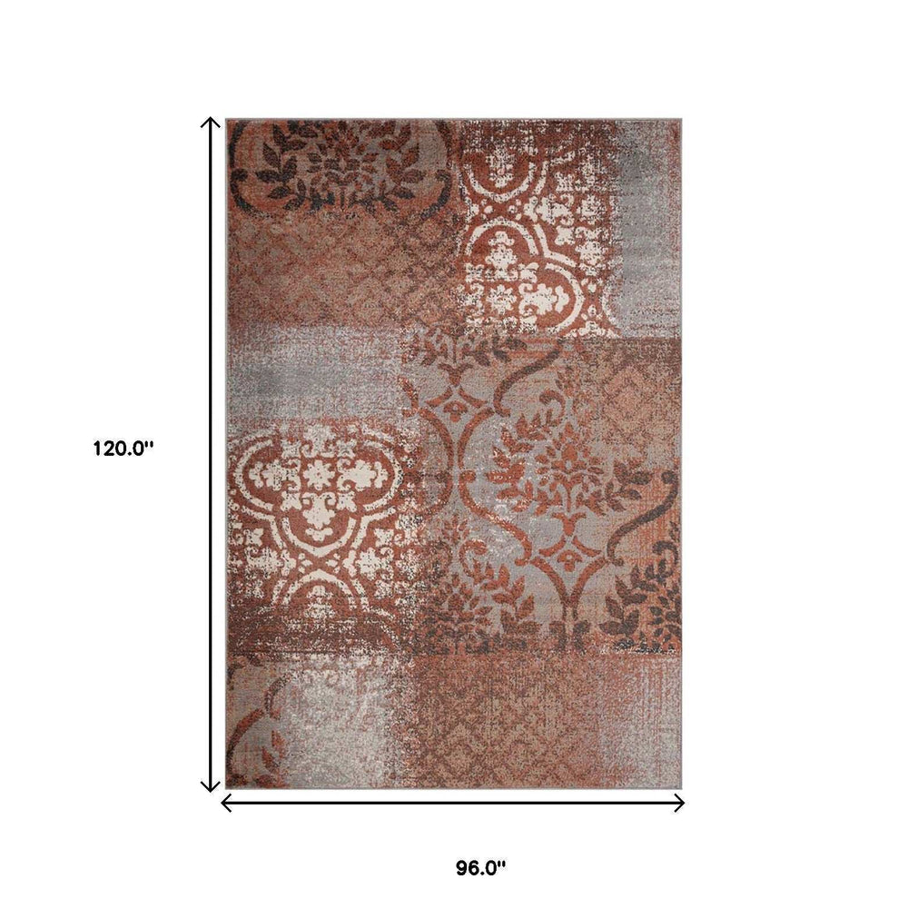 8' X 10' Rust And Gray Damask Distressed Stain Resistant Area Rug - Homeroots - Flyclothing LLC
