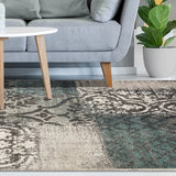 8' X 10' Teal And Gray Damask Distressed Stain Resistant Area Rug - Homeroots - Flyclothing LLC