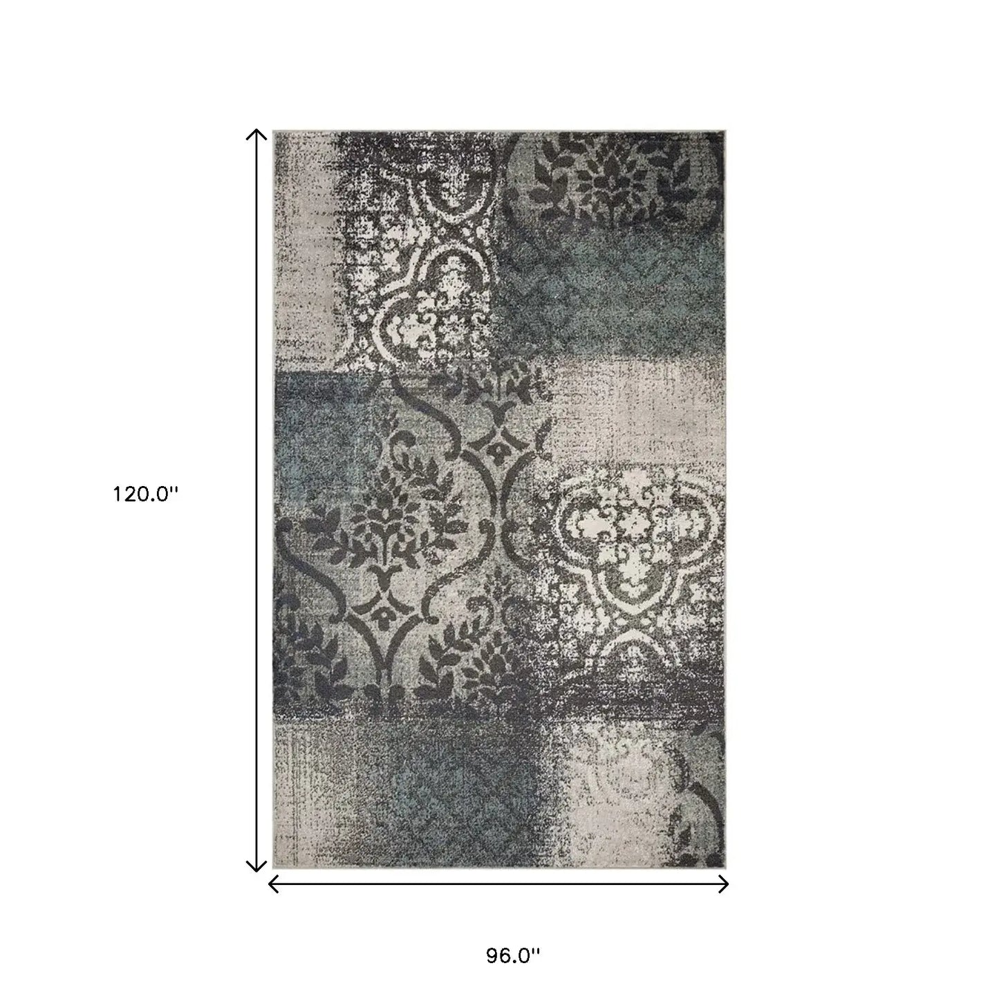 8' X 10' Teal And Gray Damask Distressed Stain Resistant Area Rug - Homeroots - Flyclothing LLC