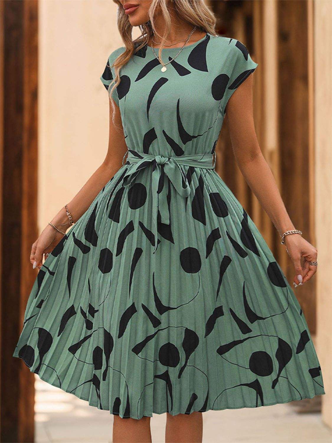 Tied Pleated Printed Cap Sleeve Dress - Trendsi - Flyclothing LLC