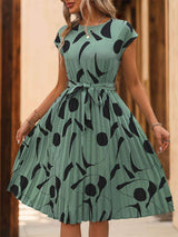 Tied Pleated Printed Cap Sleeve Dress - Trendsi - Flyclothing LLC