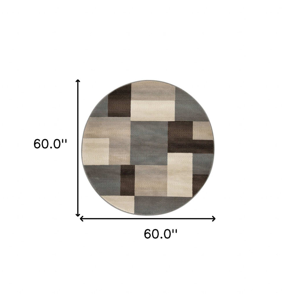 5' Round Grey-Brown Round Patchwork Power Loom Stain Resistant Area Rug - Homeroots - Flyclothing LLC