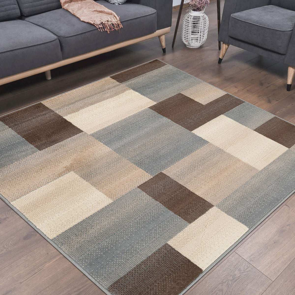 8' Square Grey Square Patchwork Power Loom Stain Resistant Area Rug - Homeroots - Flyclothing LLC