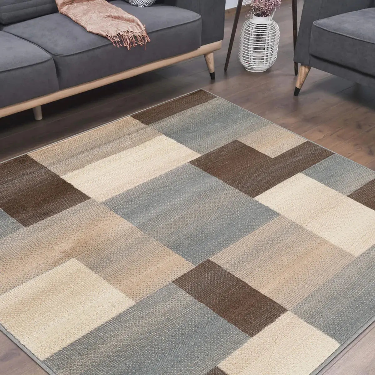 8' Square Grey Square Patchwork Power Loom Stain Resistant Area Rug - Homeroots - Flyclothing LLC