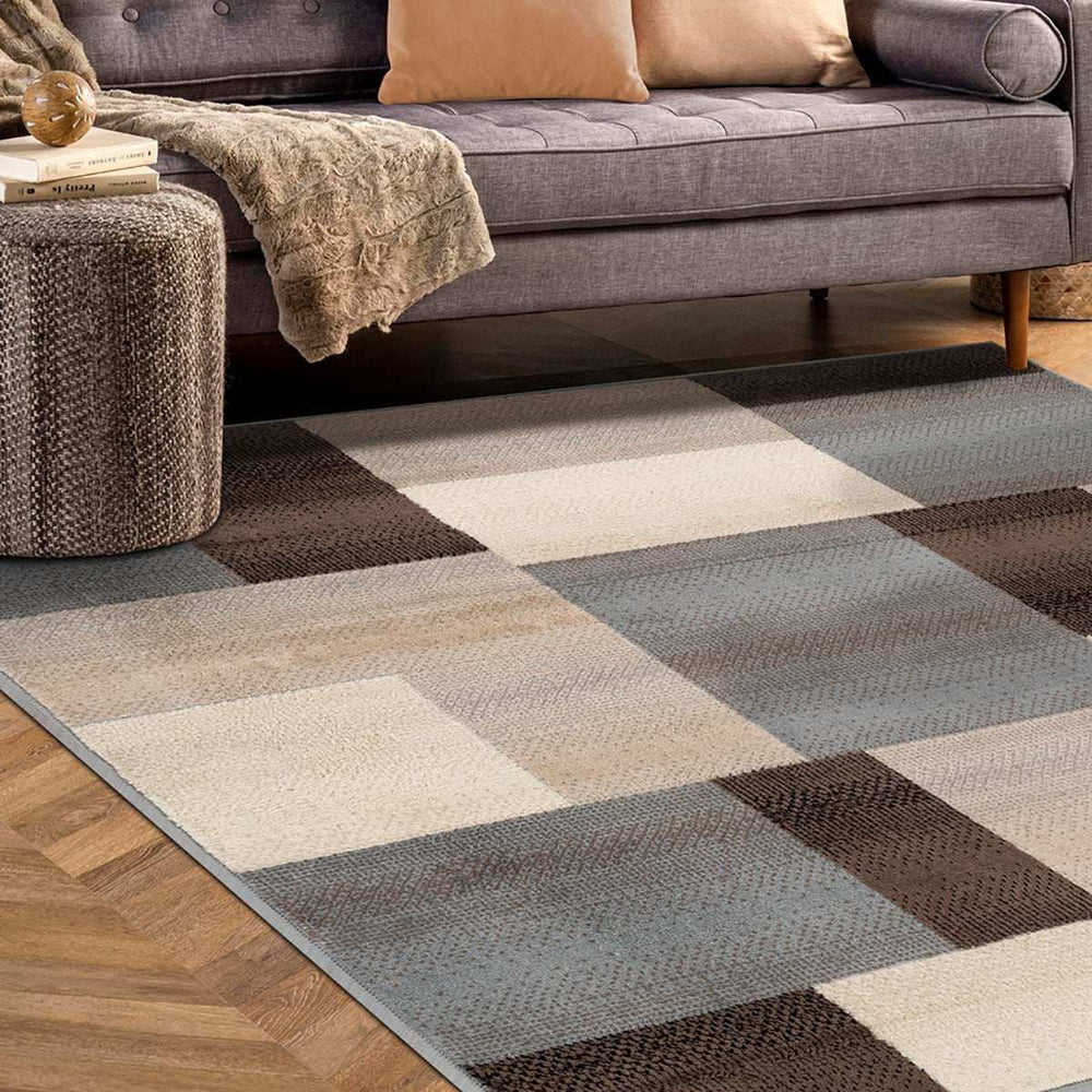 8' Square Grey-Brown Square Patchwork Power Loom Stain Resistant Area Rug - Homeroots - Flyclothing LLC
