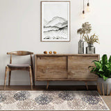 10' Beige Black and Gray Floral Medallion Power Loom Runner Rug - Homeroots - Flyclothing LLC