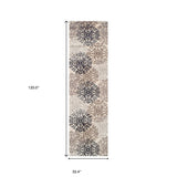 10' Beige Black and Gray Floral Medallion Power Loom Runner Rug