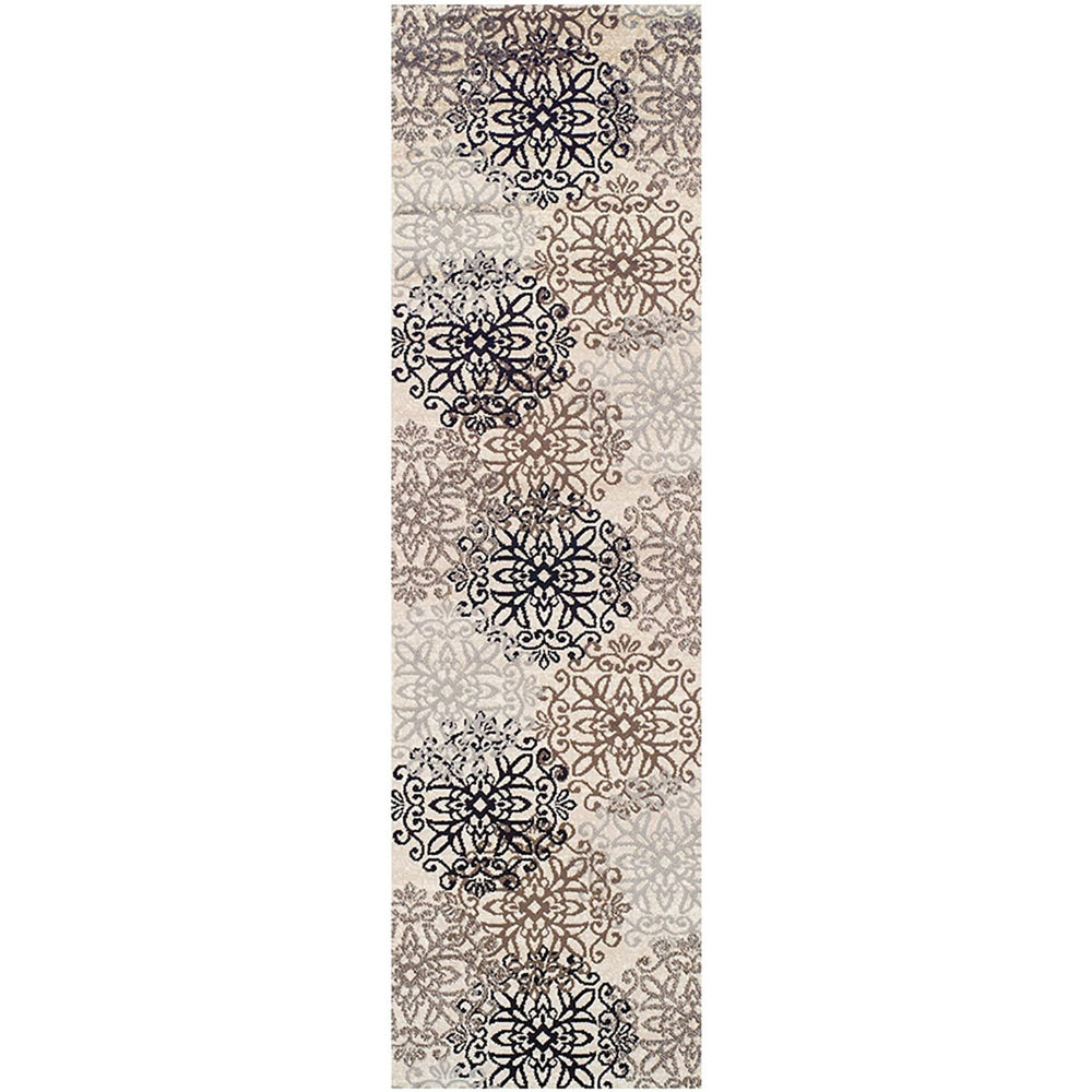 12' Tan Gray And Black Floral Medallion Stain Resistant Runner Rug - Homeroots