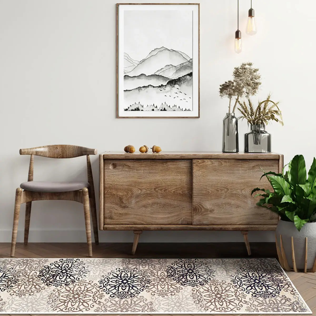12' Tan Gray And Black Floral Medallion Stain Resistant Runner Rug - Homeroots - Flyclothing LLC