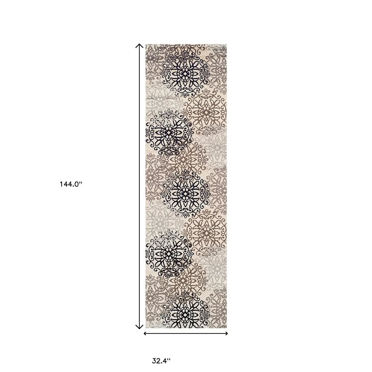 12' Tan Gray And Black Floral Medallion Stain Resistant Runner Rug - Homeroots - Flyclothing LLC