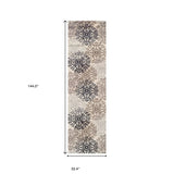 12' Tan Gray And Black Floral Medallion Stain Resistant Runner Rug - Homeroots - Flyclothing LLC