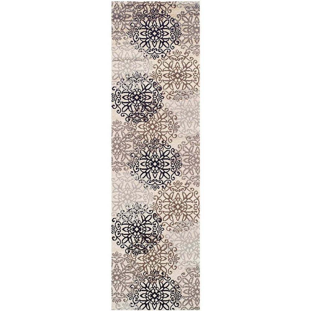 8' Tan Gray And Black Floral Medallion Stain Resistant Runner Rug - Homeroots - Flyclothing LLC