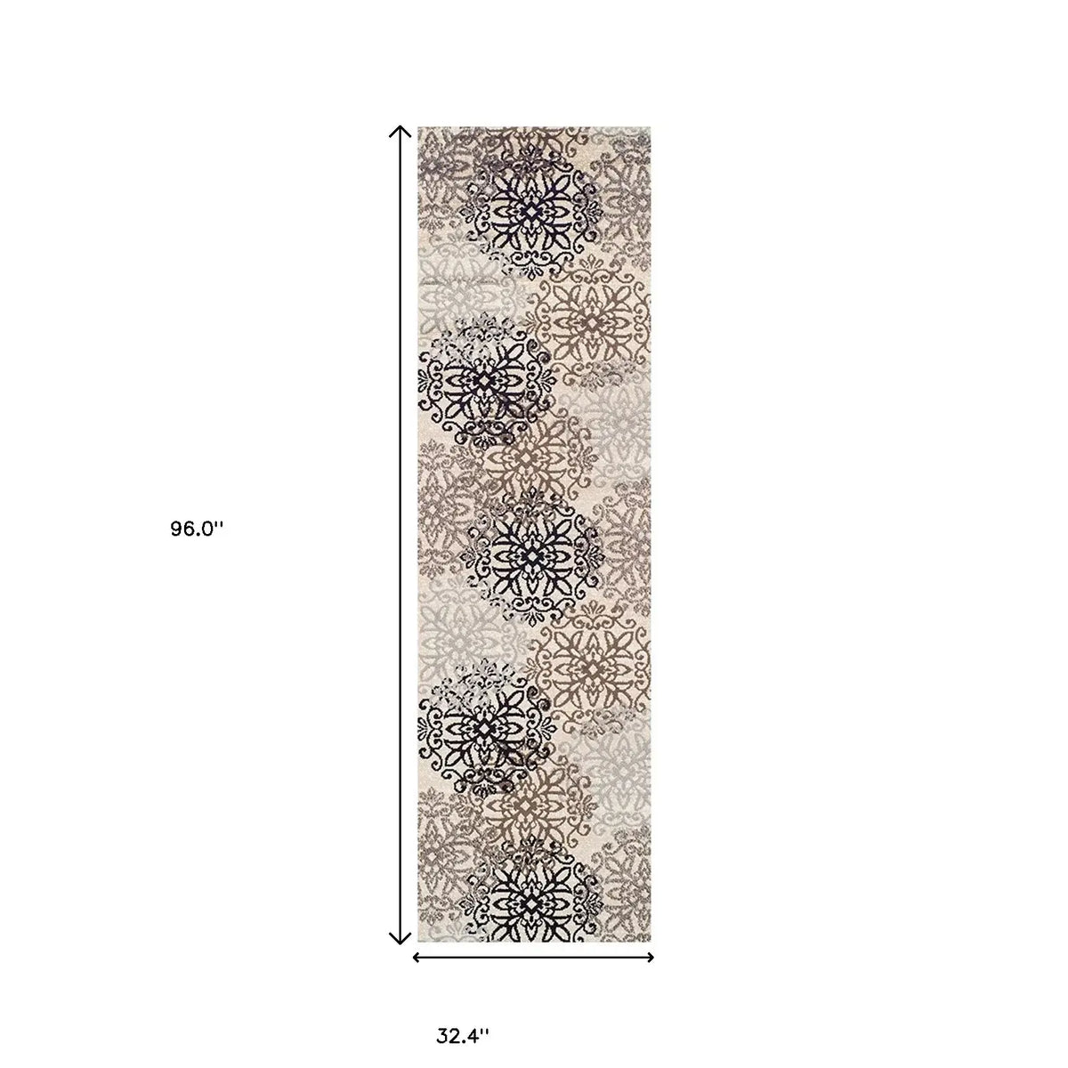 8' Tan Gray And Black Floral Medallion Stain Resistant Runner Rug - Homeroots - Flyclothing LLC