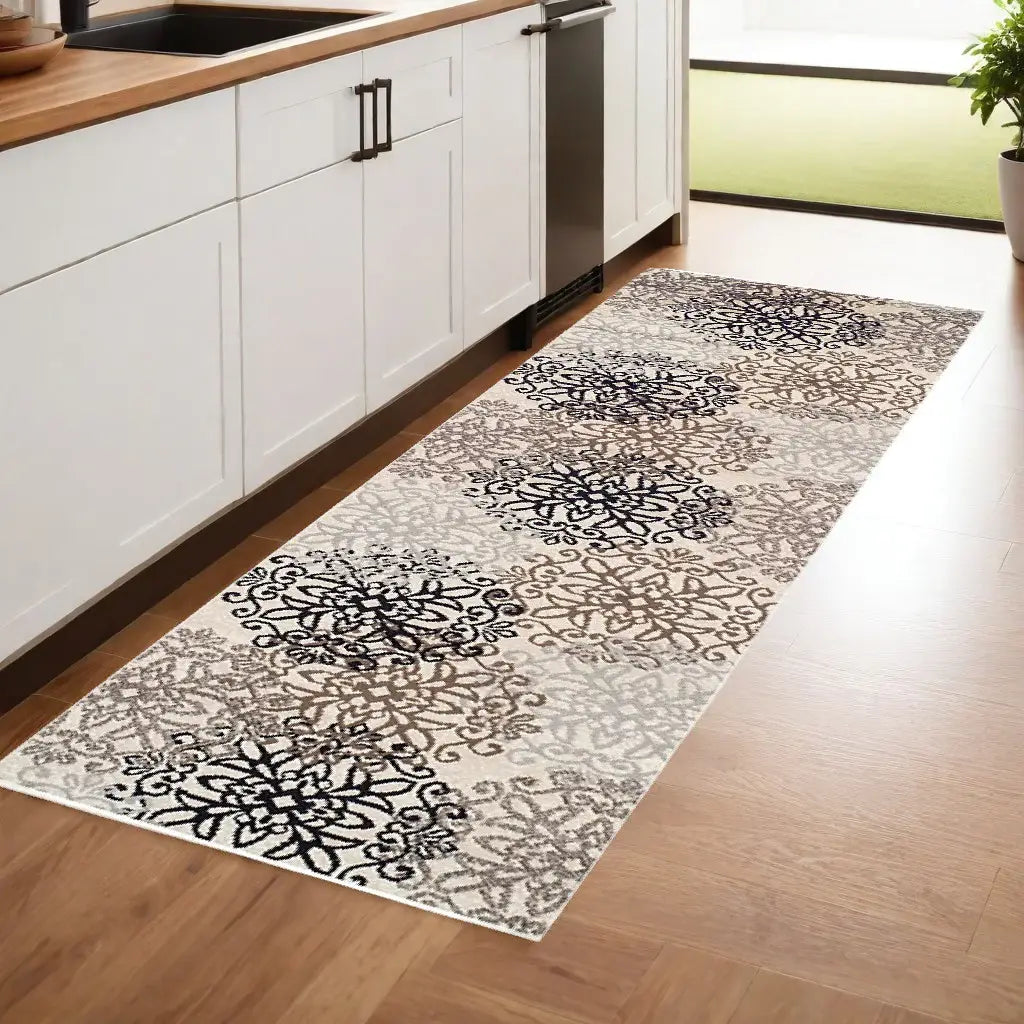 8' Tan Gray And Black Floral Medallion Stain Resistant Runner Rug - Homeroots - Flyclothing LLC