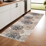 8' Tan Gray And Black Floral Medallion Stain Resistant Runner Rug - Homeroots - Flyclothing LLC