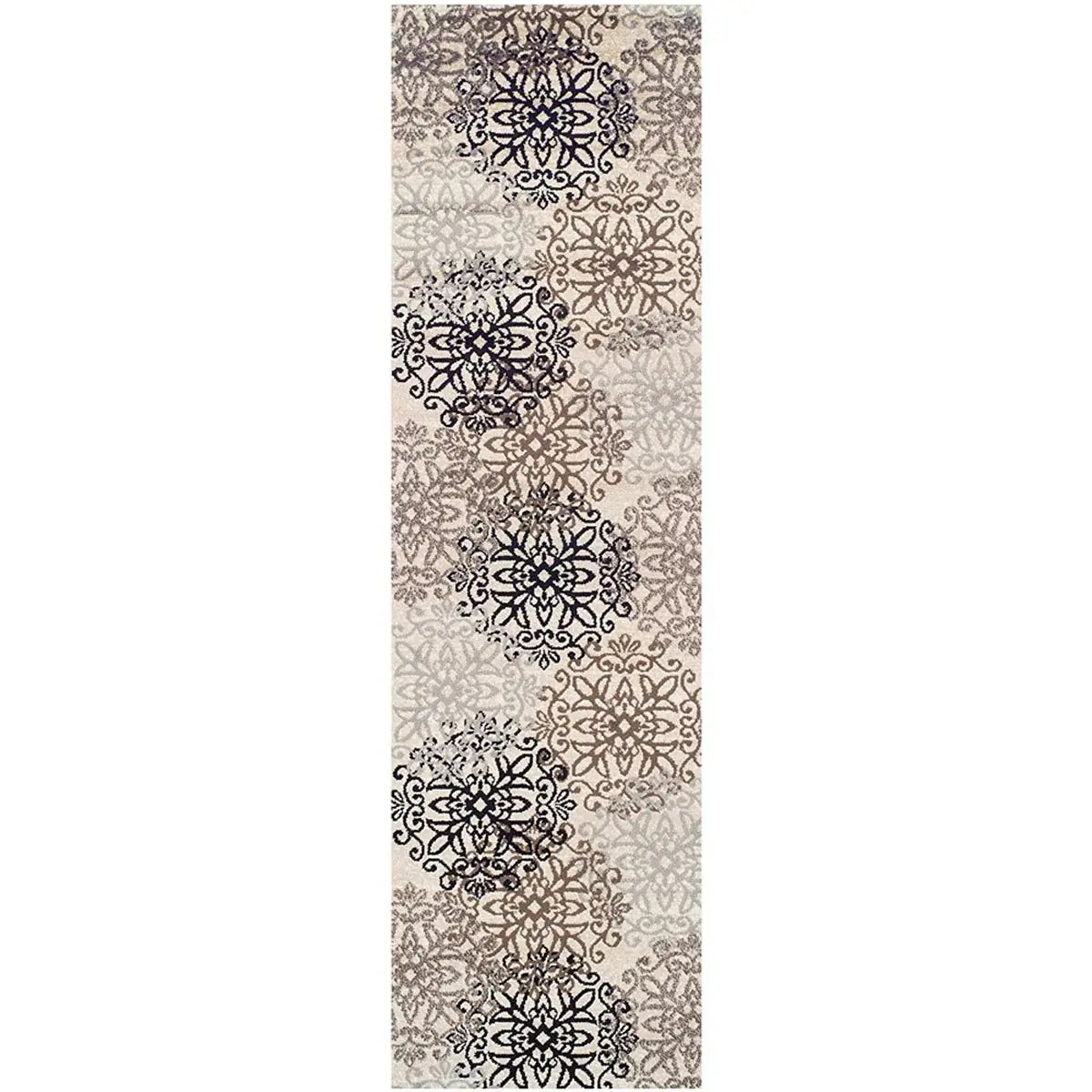 11' Tan Gray And Black Floral Medallion Stain Resistant Runner Rug - Homeroots - Flyclothing LLC