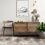 11' Tan Gray And Black Floral Medallion Stain Resistant Runner Rug - Homeroots - Flyclothing LLC