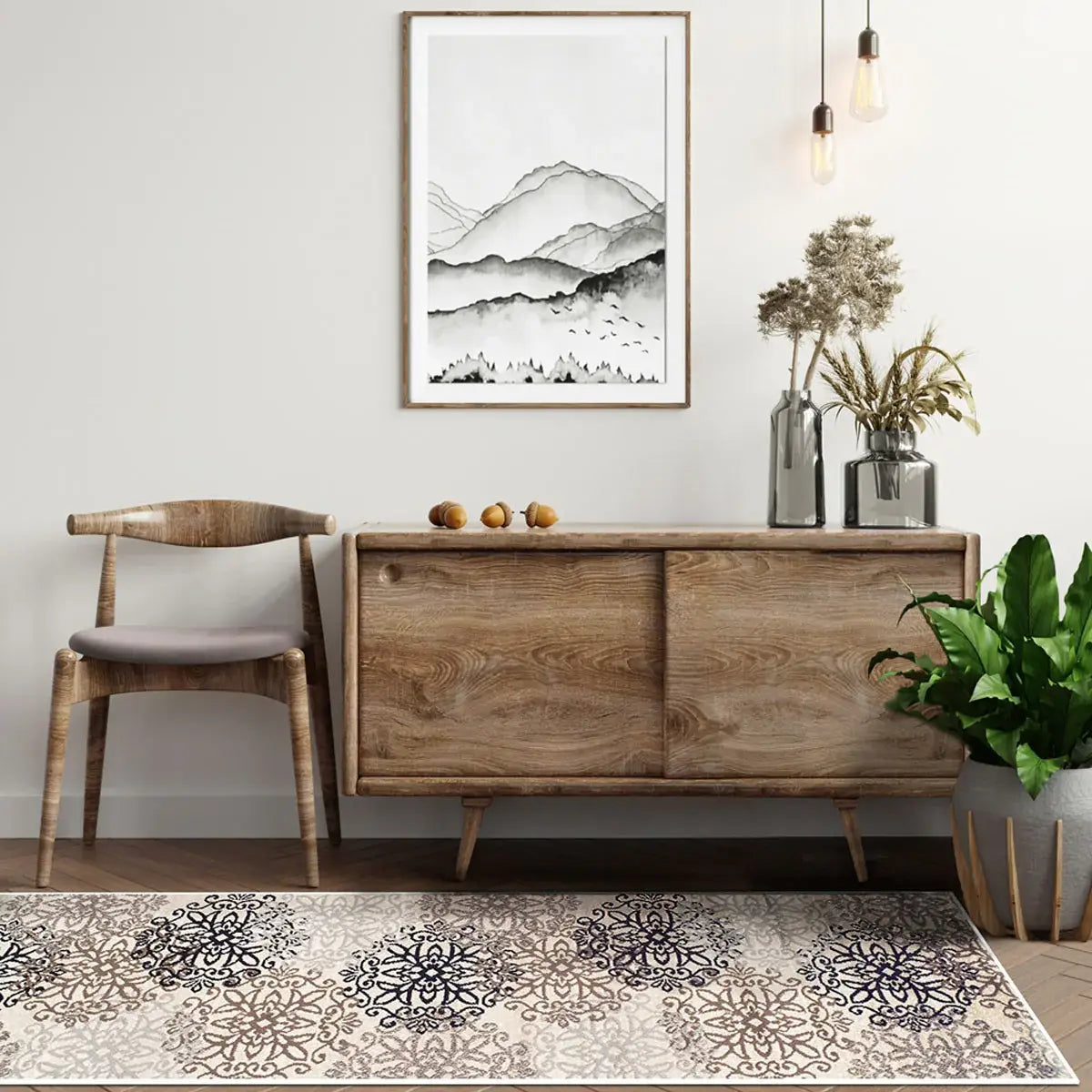 11' Tan Gray And Black Floral Medallion Stain Resistant Runner Rug - Homeroots - Flyclothing LLC