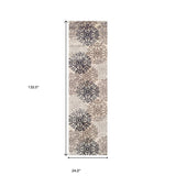 11' Tan Gray And Black Floral Medallion Stain Resistant Runner Rug - Homeroots - Flyclothing LLC