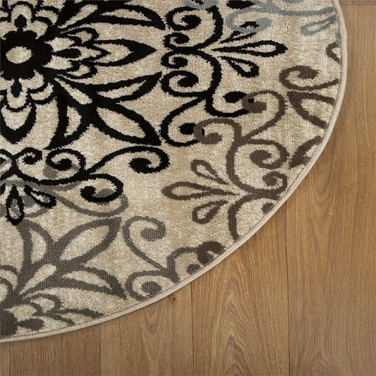 5' Round Tan Gray And Black Round Floral Medallion Stain Resistant Area Rug - Homeroots - Flyclothing LLC