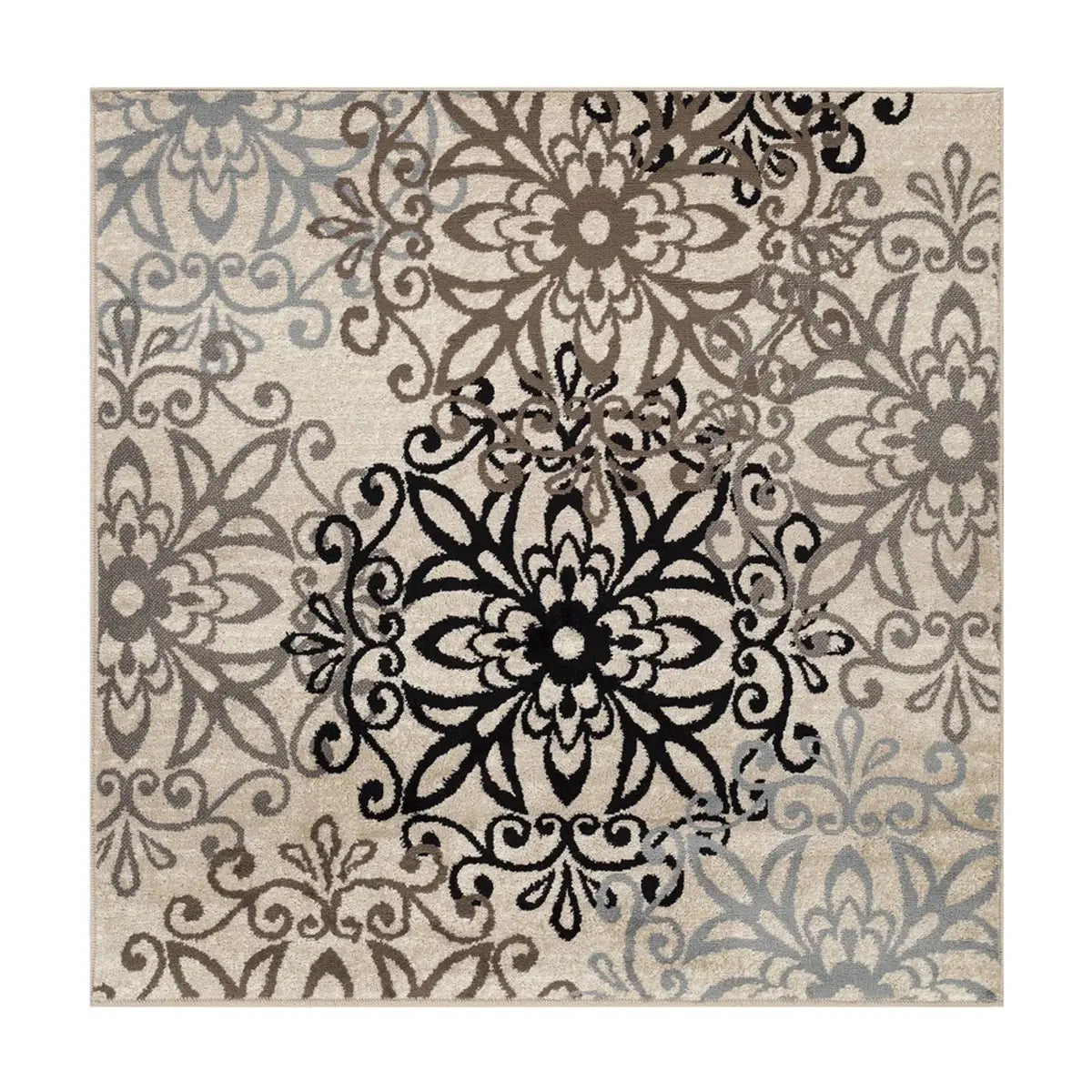 5' Square Tan Gray And Black Square Floral Medallion Stain Resistant Area Rug - Homeroots - Flyclothing LLC