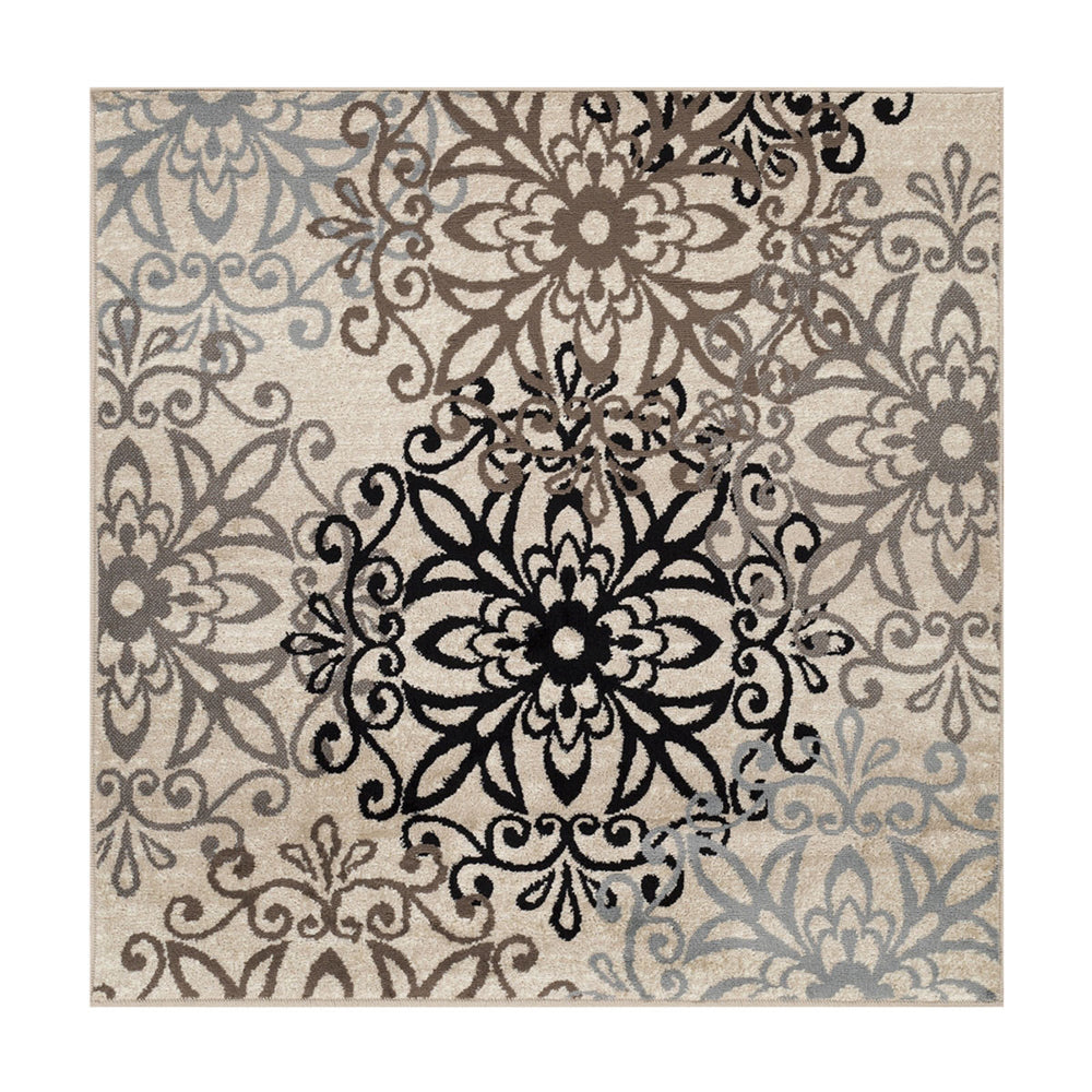5' Square Tan Gray And Black Square Floral Medallion Stain Resistant Area Rug - Homeroots