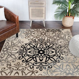 5' Square Tan Gray And Black Square Floral Medallion Stain Resistant Area Rug - Homeroots - Flyclothing LLC