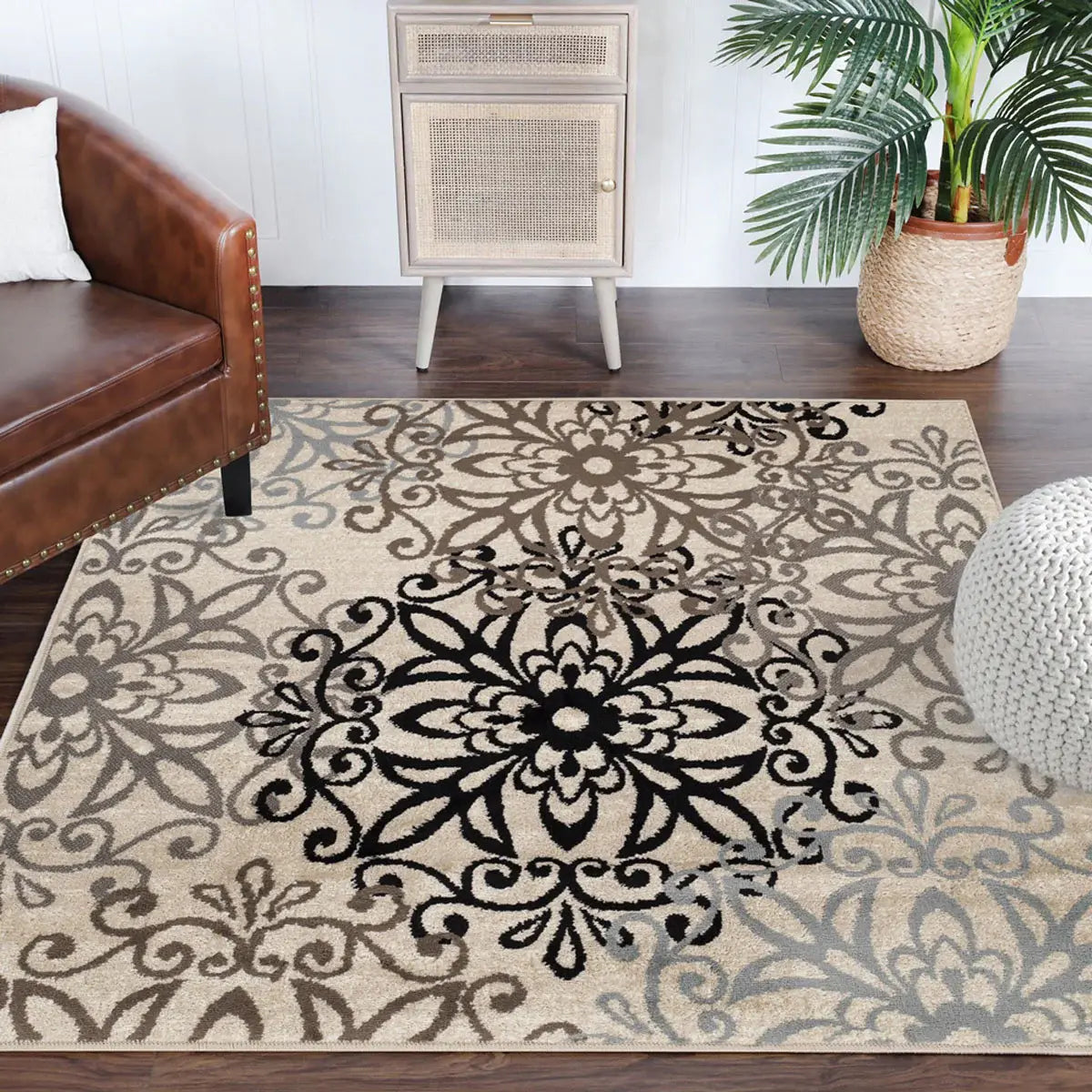 5' Square Tan Gray And Black Square Floral Medallion Stain Resistant Area Rug - Homeroots - Flyclothing LLC