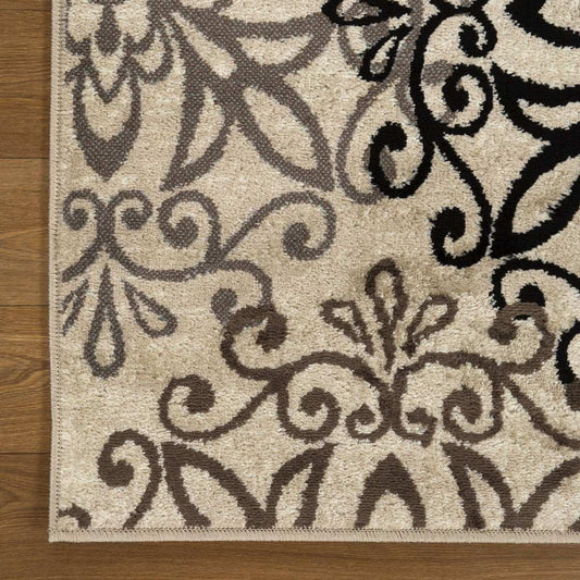 5' Square Tan Gray And Black Square Floral Medallion Stain Resistant Area Rug - Homeroots - Flyclothing LLC
