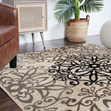 5' Square Tan Gray And Black Square Floral Medallion Stain Resistant Area Rug - Homeroots - Flyclothing LLC