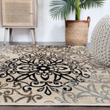 5' Square Tan Gray And Black Square Floral Medallion Stain Resistant Area Rug - Homeroots - Flyclothing LLC