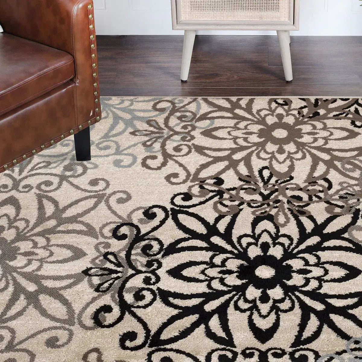 5' Square Tan Gray And Black Square Floral Medallion Stain Resistant Area Rug - Homeroots - Flyclothing LLC