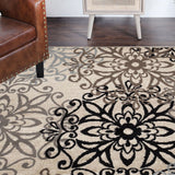5' Square Tan Gray And Black Square Floral Medallion Stain Resistant Area Rug - Homeroots