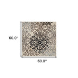 5' Square Tan Gray And Black Square Floral Medallion Stain Resistant Area Rug - Homeroots - Flyclothing LLC