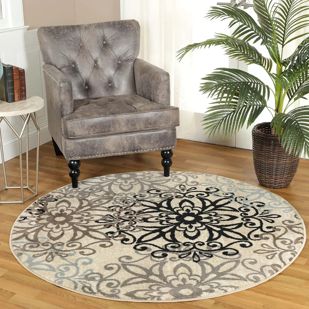 8' Round Tan Gray And Black Round Floral Medallion Stain Resistant Area Rug - Homeroots - Flyclothing LLC
