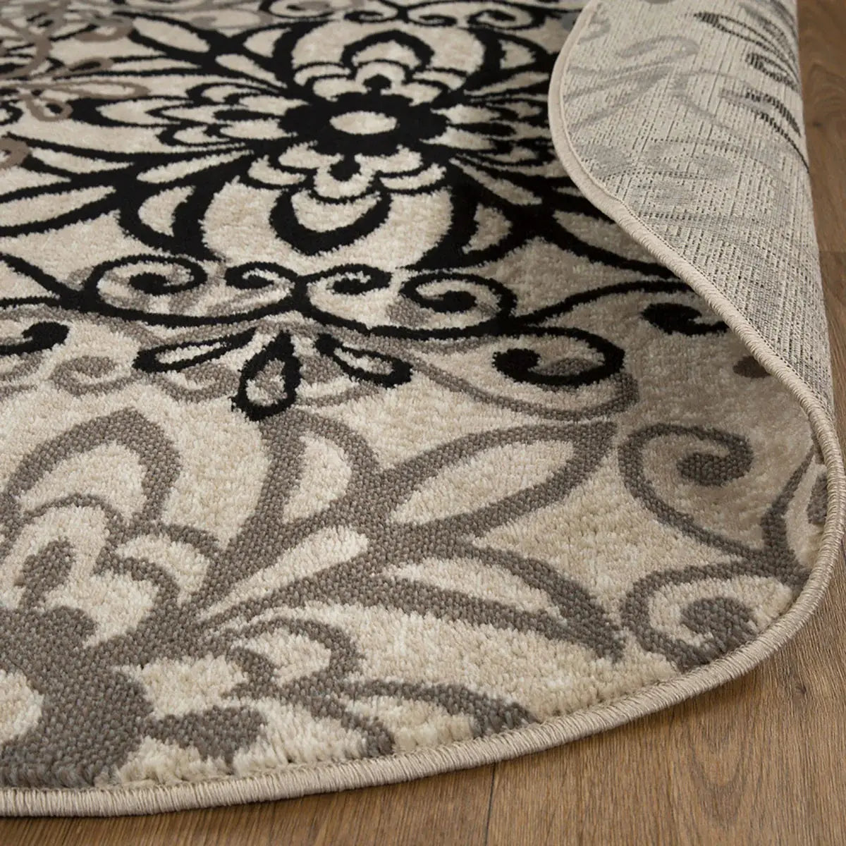 8' Round Tan Gray And Black Round Floral Medallion Stain Resistant Area Rug - Homeroots - Flyclothing LLC