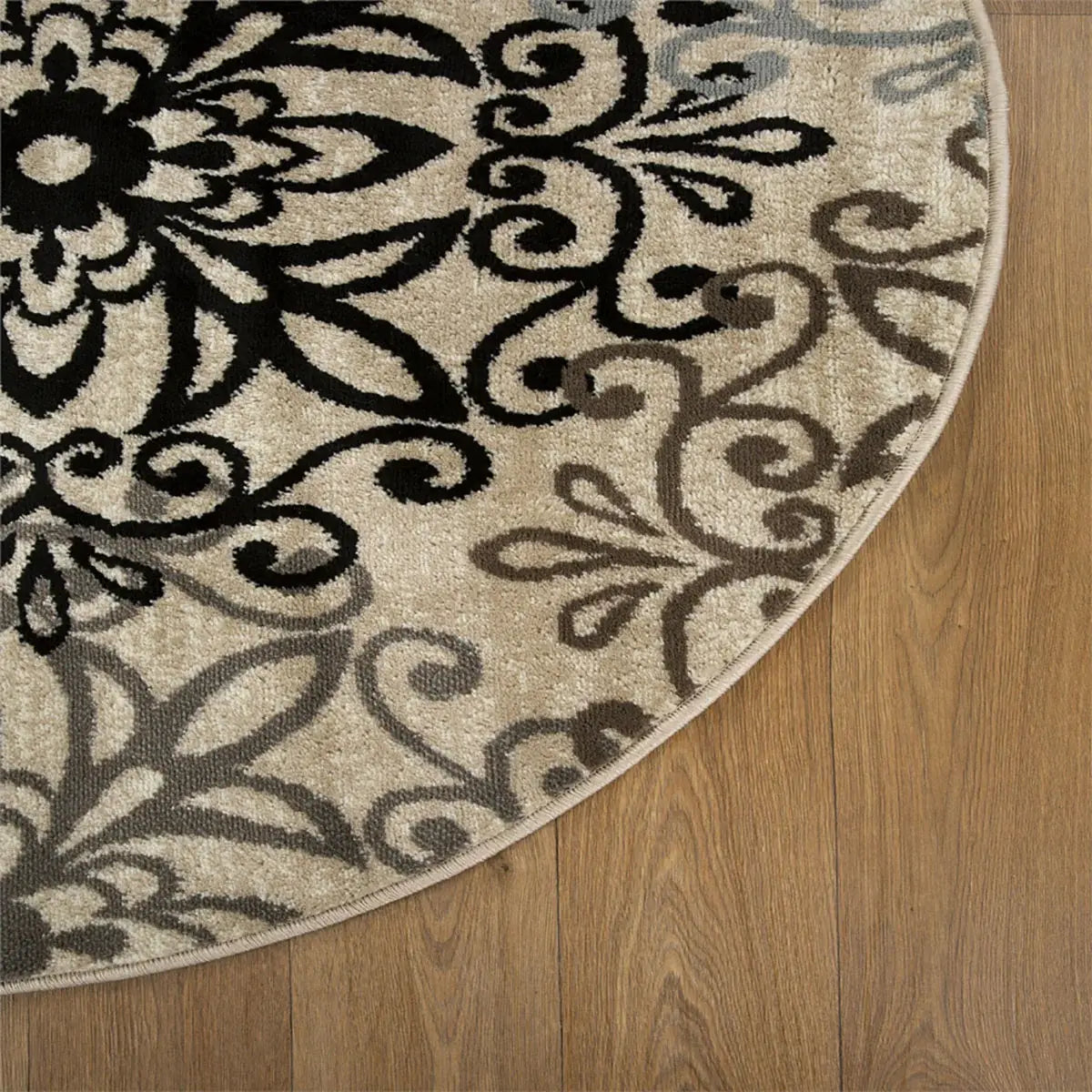 8' Round Tan Gray And Black Round Floral Medallion Stain Resistant Area Rug - Homeroots - Flyclothing LLC
