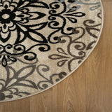 8' Round Tan Gray And Black Round Floral Medallion Stain Resistant Area Rug - Homeroots