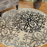 8' Round Tan Gray And Black Round Floral Medallion Stain Resistant Area Rug - Homeroots - Flyclothing LLC