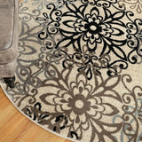 8' Round Tan Gray And Black Round Floral Medallion Stain Resistant Area Rug - Homeroots - Flyclothing LLC