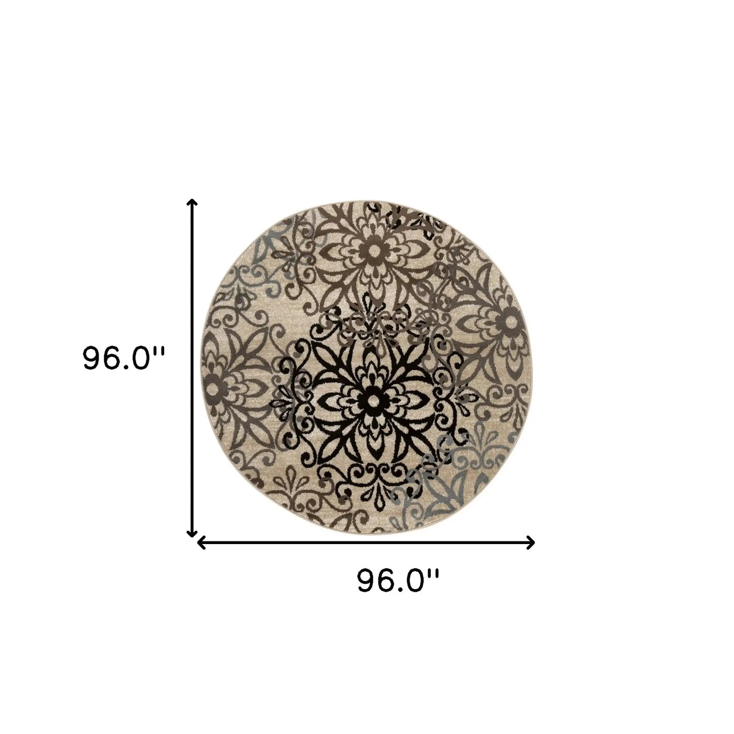 8' Round Tan Gray And Black Round Floral Medallion Stain Resistant Area Rug - Homeroots - Flyclothing LLC