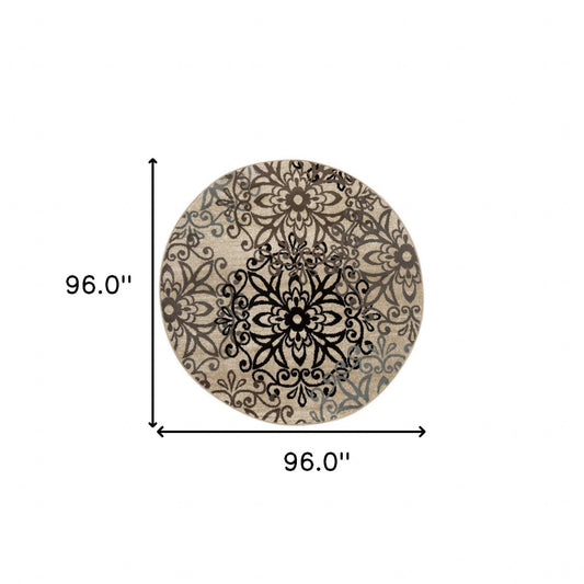 8' Round Tan Gray And Black Round Floral Medallion Stain Resistant Area Rug - Homeroots - Flyclothing LLC