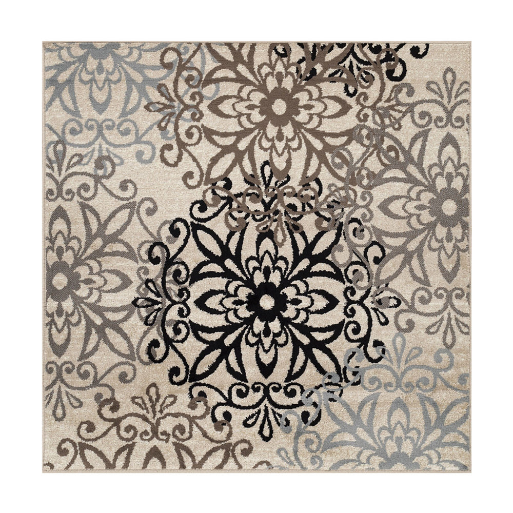 8' Square Tan Gray And Black Square Floral Medallion Stain Resistant Area Rug - Homeroots