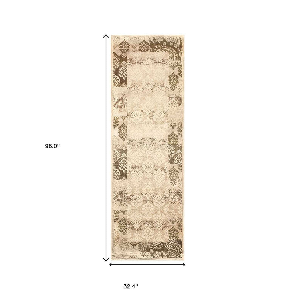 8' Beige Damask Power Loom Distressed Stain Resistant Runner Rug - Homeroots - Flyclothing LLC