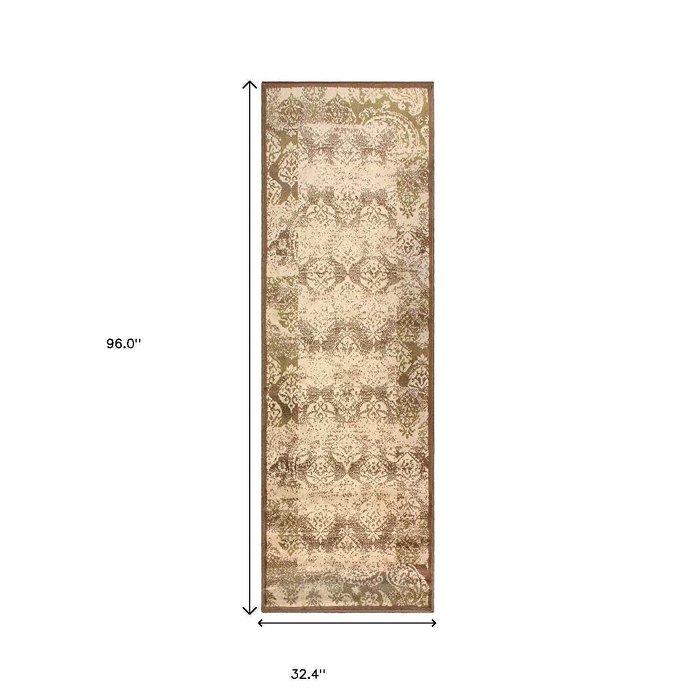 8' Brown Damask Power Loom Distressed Stain Resistant Runner Rug - Homeroots - Flyclothing LLC