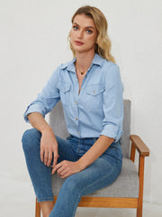 Pocketed Button Up Long Sleeve Denim Shirt - Trendsi