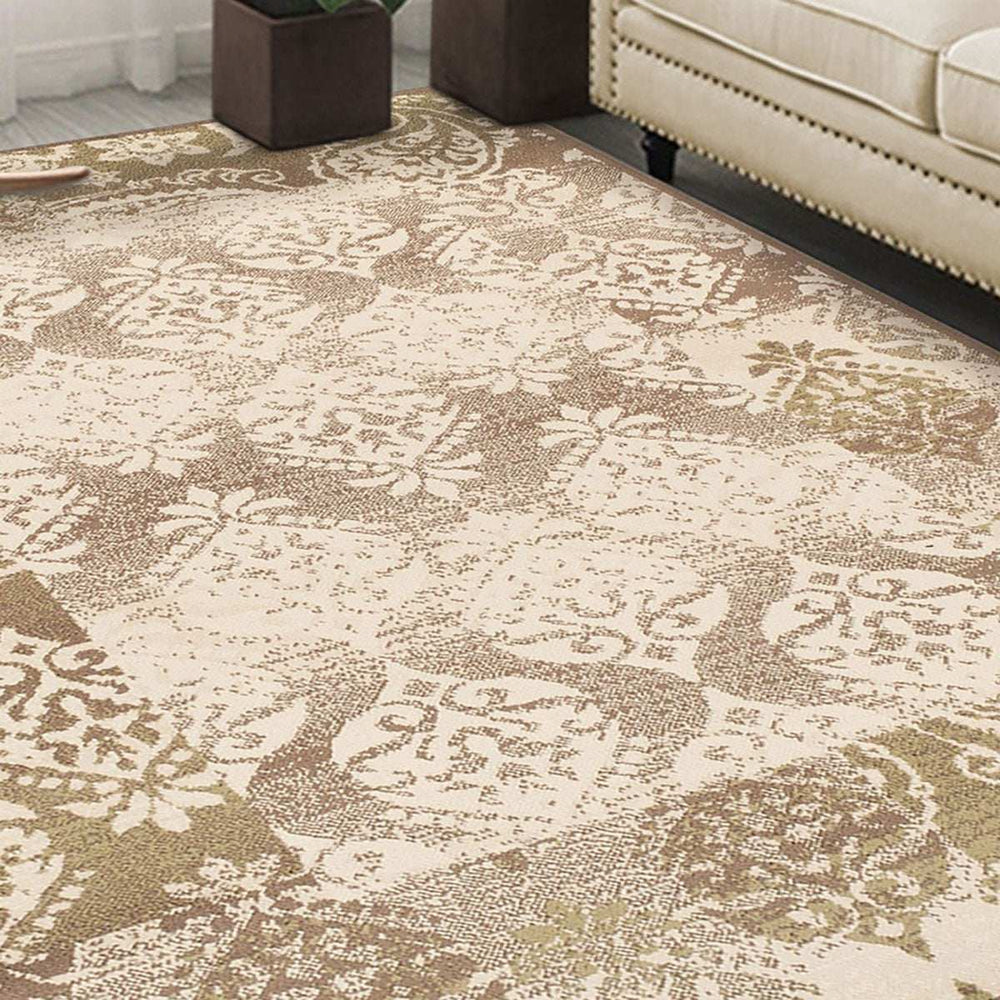 5' X 8' Brown Damask Power Loom Distressed Stain Resistant Area Rug - Homeroots - Flyclothing LLC