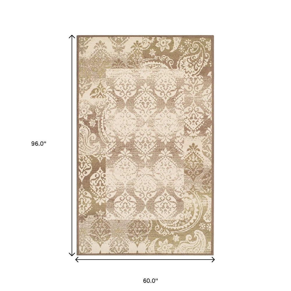 5' X 8' Brown Damask Power Loom Distressed Stain Resistant Area Rug - Homeroots - Flyclothing LLC